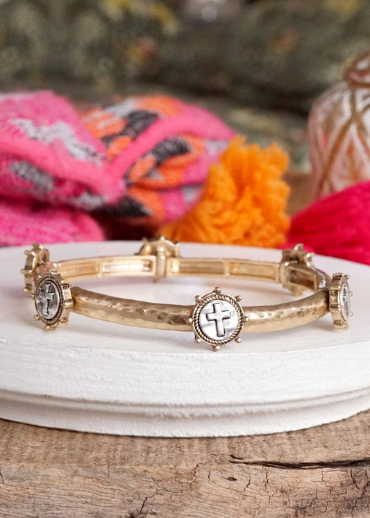 Cross Coin Bangle in Worn Silver or Gold Tone