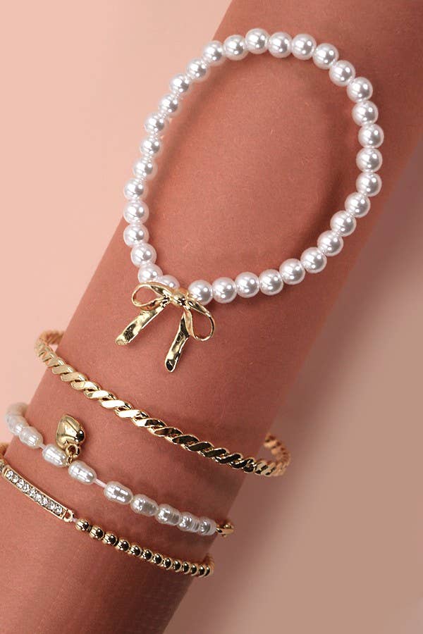Bow Pearl Rhinestone Bangle Set