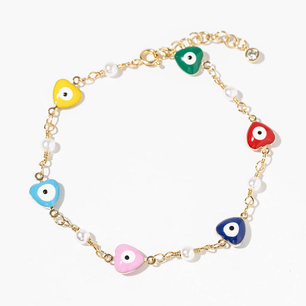 Gold Dipped Heart Evil Eye Pearl Charm Link Bracelet