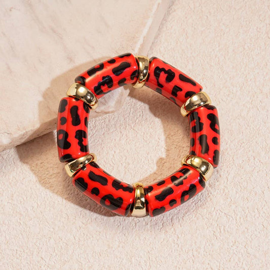 Acrylic Red Leopard Stretch Cord Bracelet
