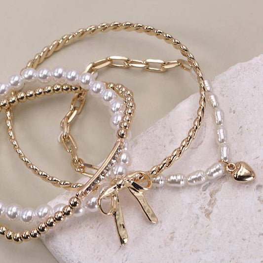 Bow Pearl Rhinestone Bangle Set
