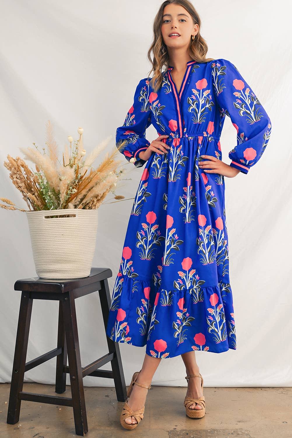 Vibrant Blue Floral Midi Dress