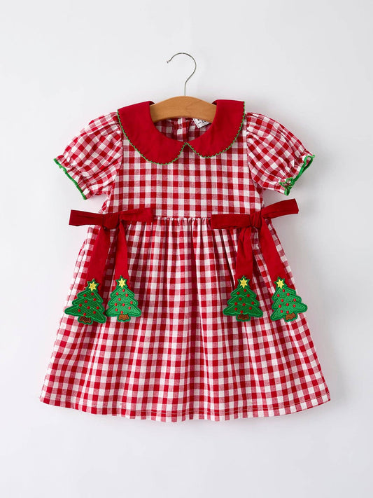 Red Plaid Holiday Dress with Tree Bow Accents