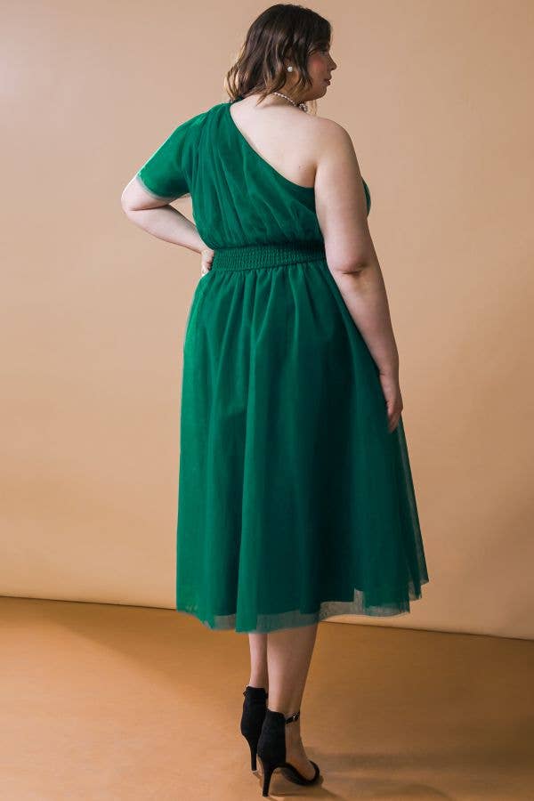Curvy Emerald Dream One-Shoulder Tulle Dress