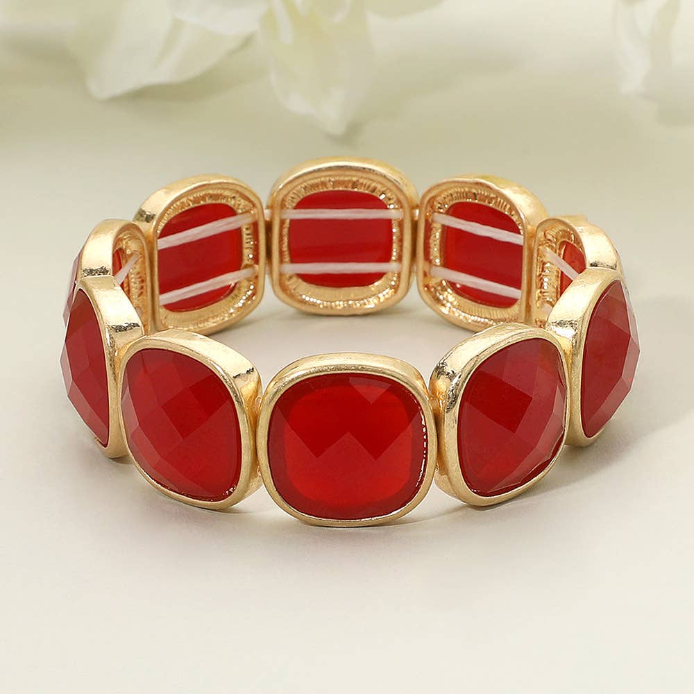 Round Square Glass Stone Frame Beaded Stretch Bracelet