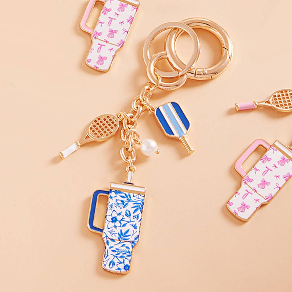 Enamel Pickleball Floral Tumbler Keychain Bag Charm
