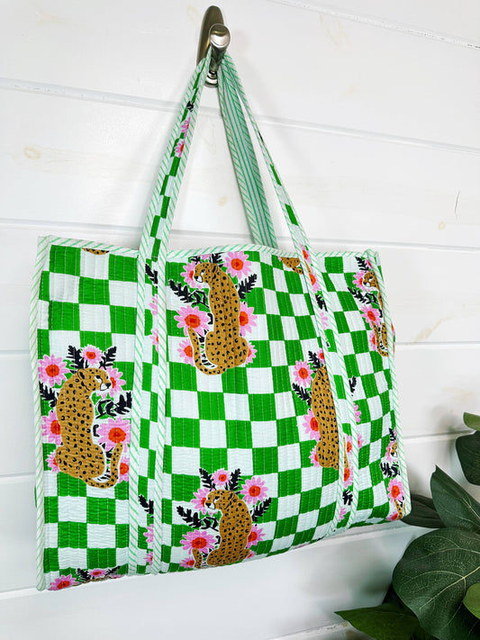 Quilted Green Jaguar Tote Bag