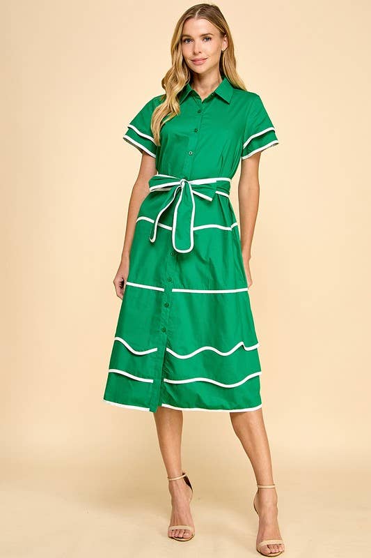 Green Contrast Midi Shirt Dress
