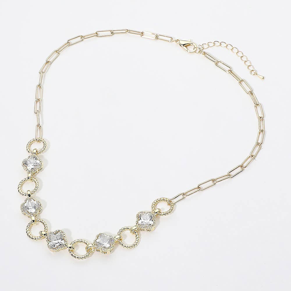 14K Gold Plated CZ Quatrefoil Charm Link Necklace
