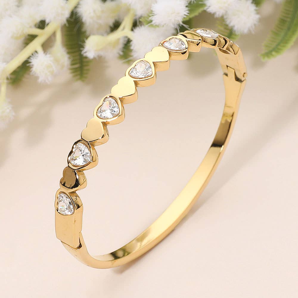 Stainless Steel Heart Crystal Hinged Bangle Bracelet