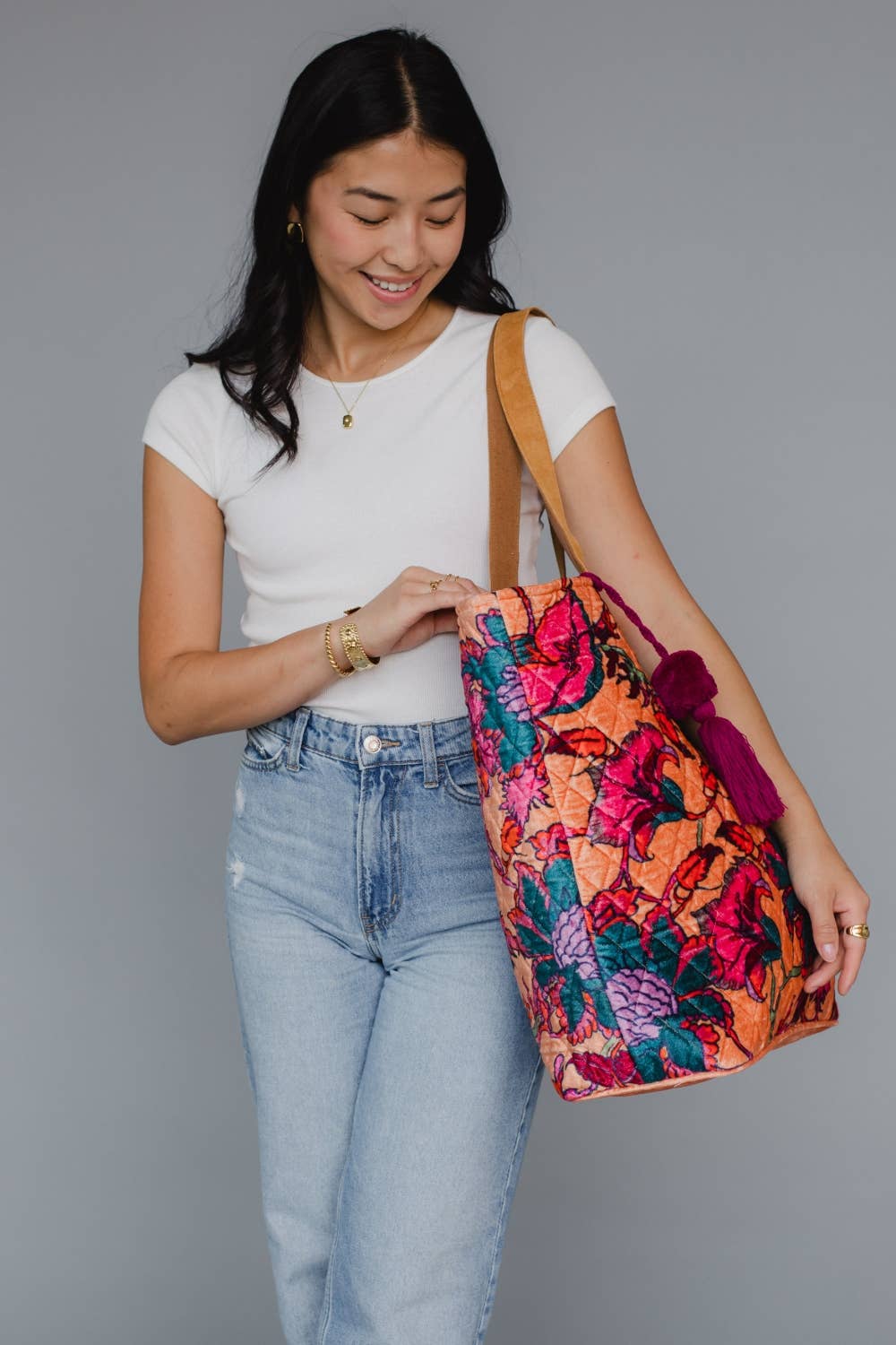 Lt. Orange & Multicolored Floral Tote