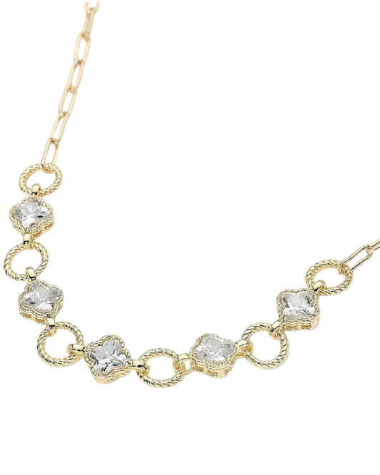 14K Gold Plated CZ Quatrefoil Charm Link Necklace