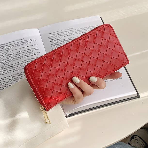 Red Vegan Leather Woven Long Wallet