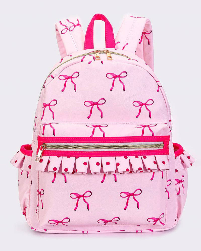 Bow Print Girls Ruffle Backpack