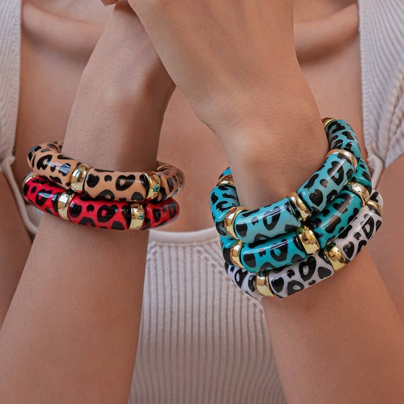 Acrylic Red Leopard Stretch Cord Bracelet