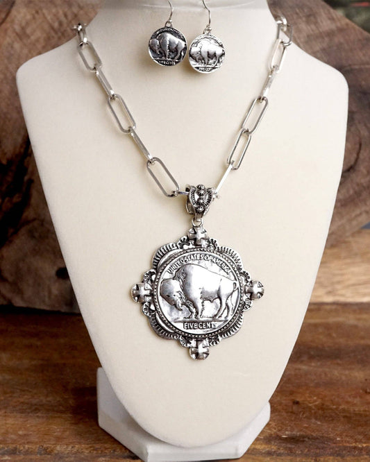Worn Silver Western Buffalo Coin Statement Necklace Set