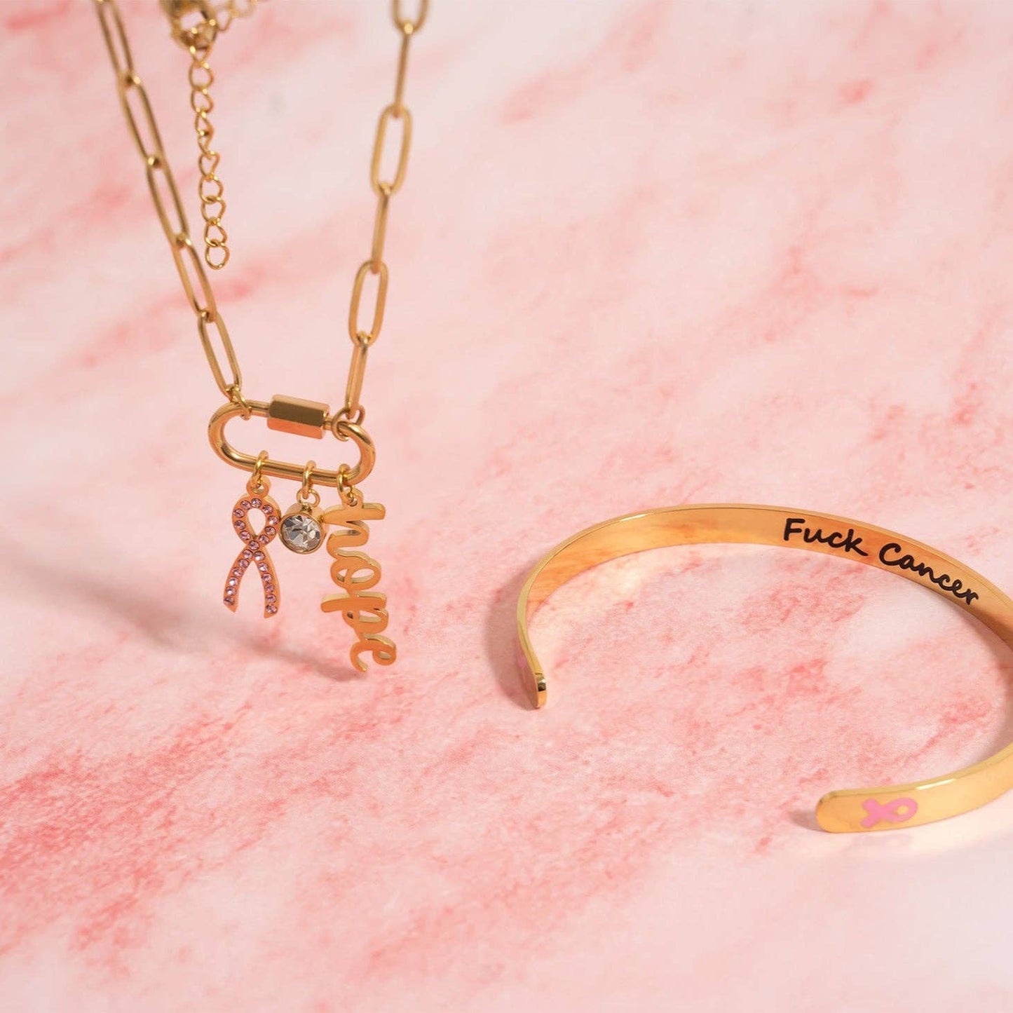 Breast Cancer Awareness Carabiner Hope Charm Necklace