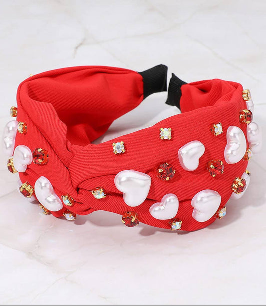 Pearl Heart Embellished Knot Headband