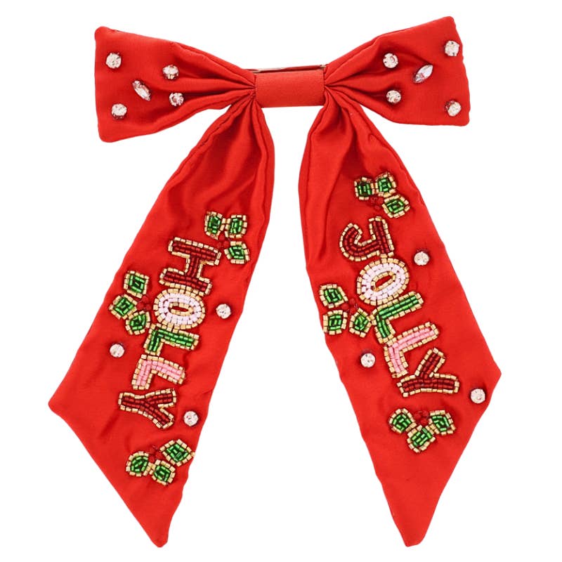 Red Satin Beaded "Holly Jolly" Hair Bow