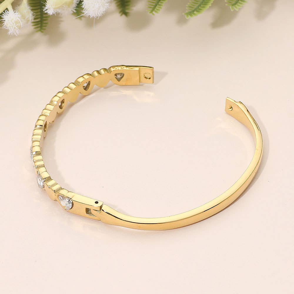 Stainless Steel Heart Crystal Hinged Bangle Bracelet