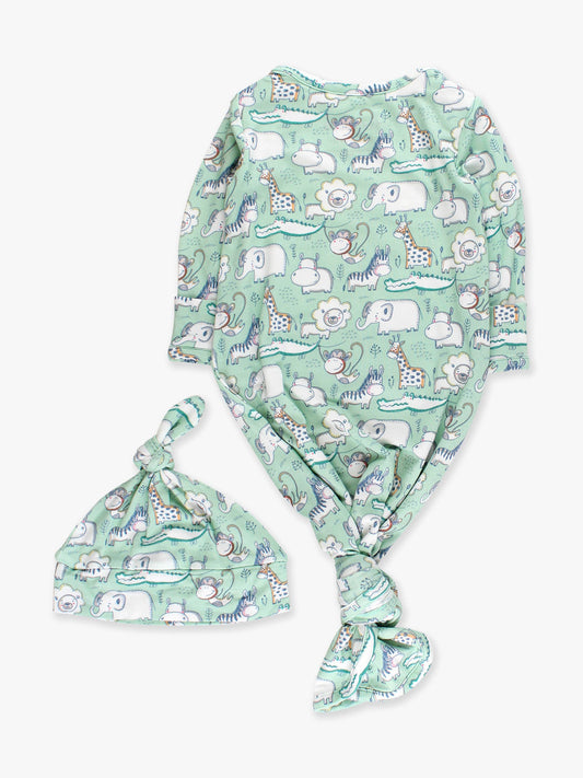 SoftSnooze™ Bamboo Viscose Safari Knotted Sleep Gown & Hat Set