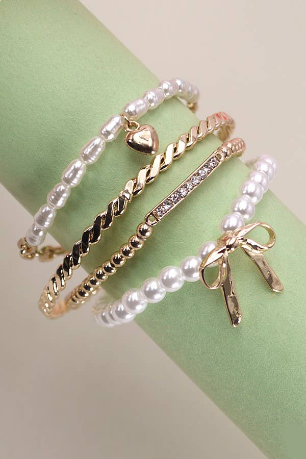 Bow Pearl Rhinestone Bangle Set