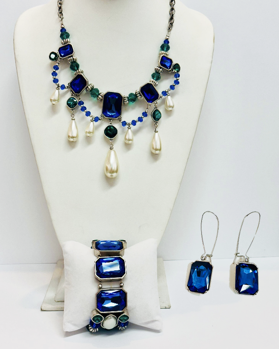 Vintage Blue Cobalt Pearl Necklace & Bracelet, Earring Set