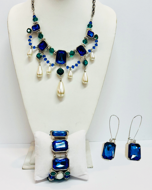 Vintage Blue Cobalt Pearl Necklace & Bracelet, Earring Set