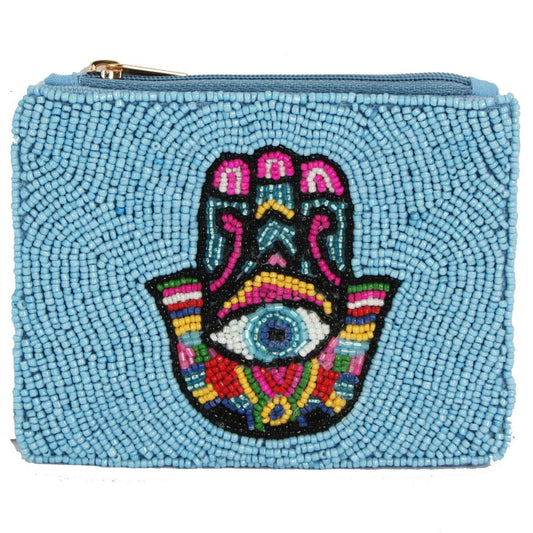 Blue Beaded HAMSA EYE Coin Purse