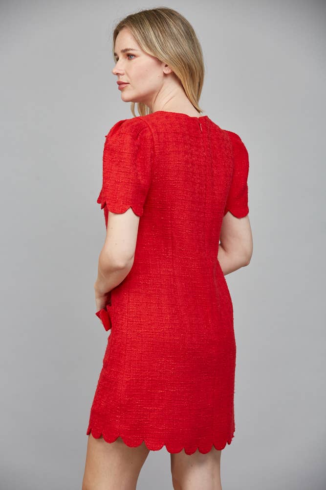Scallop Red Bow Tweed Dress