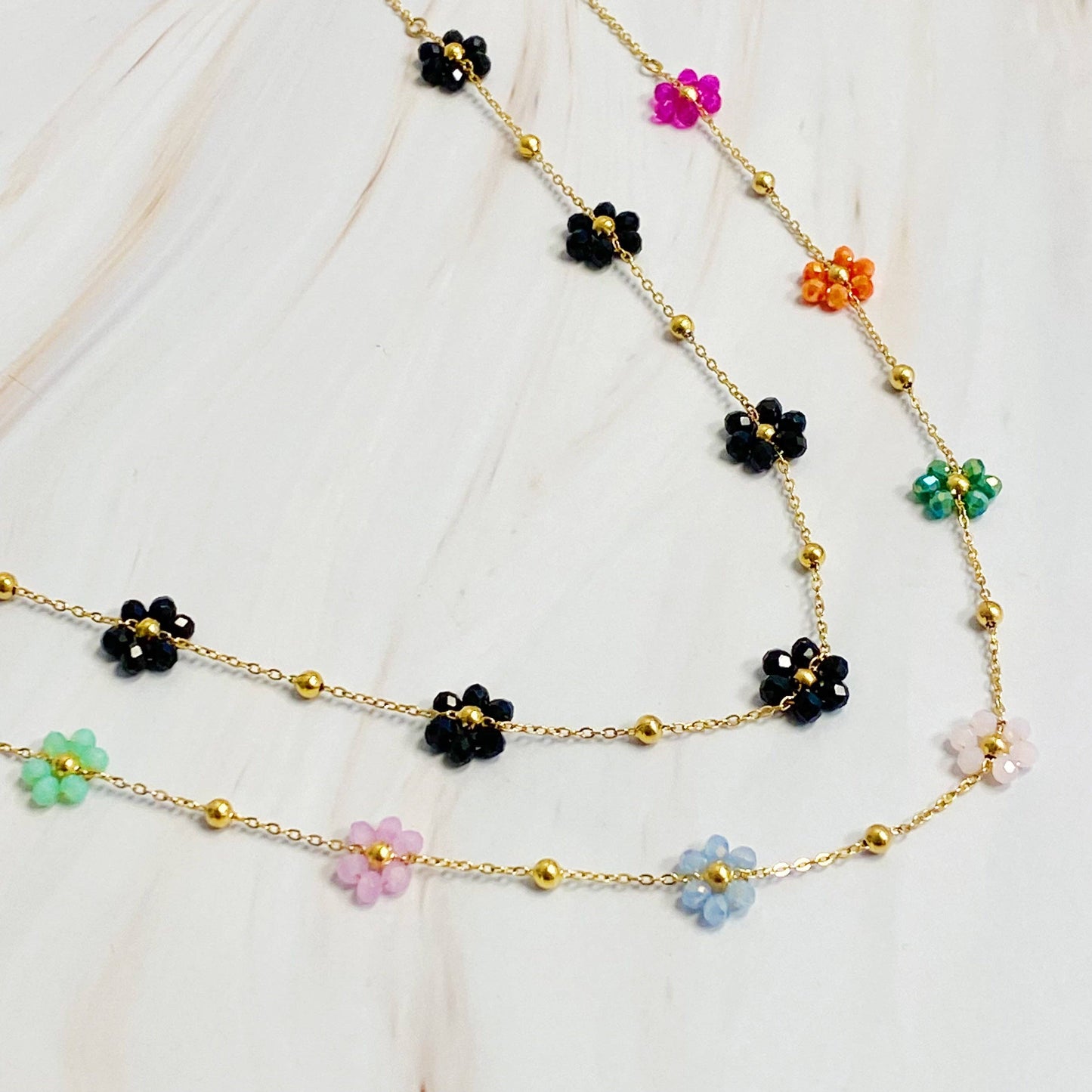 Flower Field Romance Black Beaded Necklace