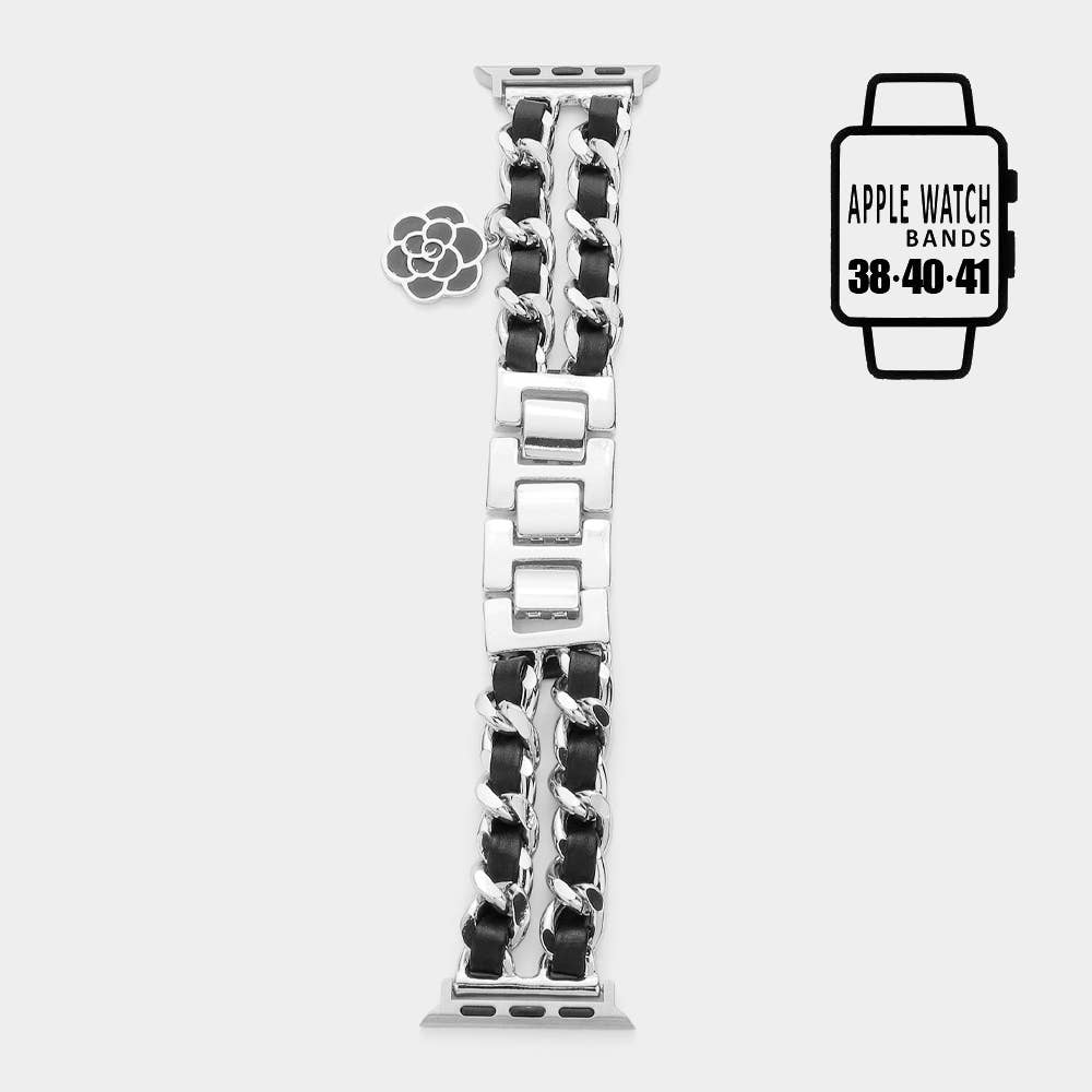 Enamel Rose Charm Faux Leather Metal Chain Apple Watch Band