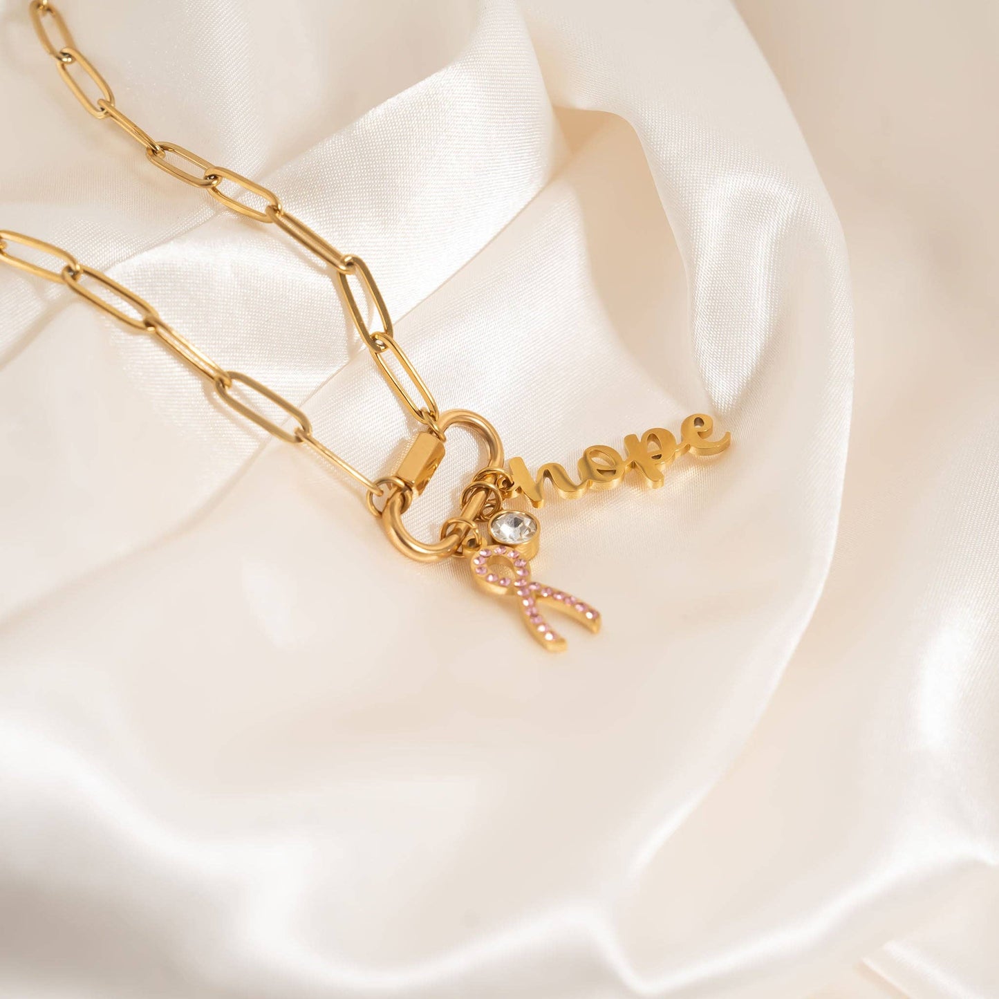 Breast Cancer Awareness Carabiner Hope Charm Necklace