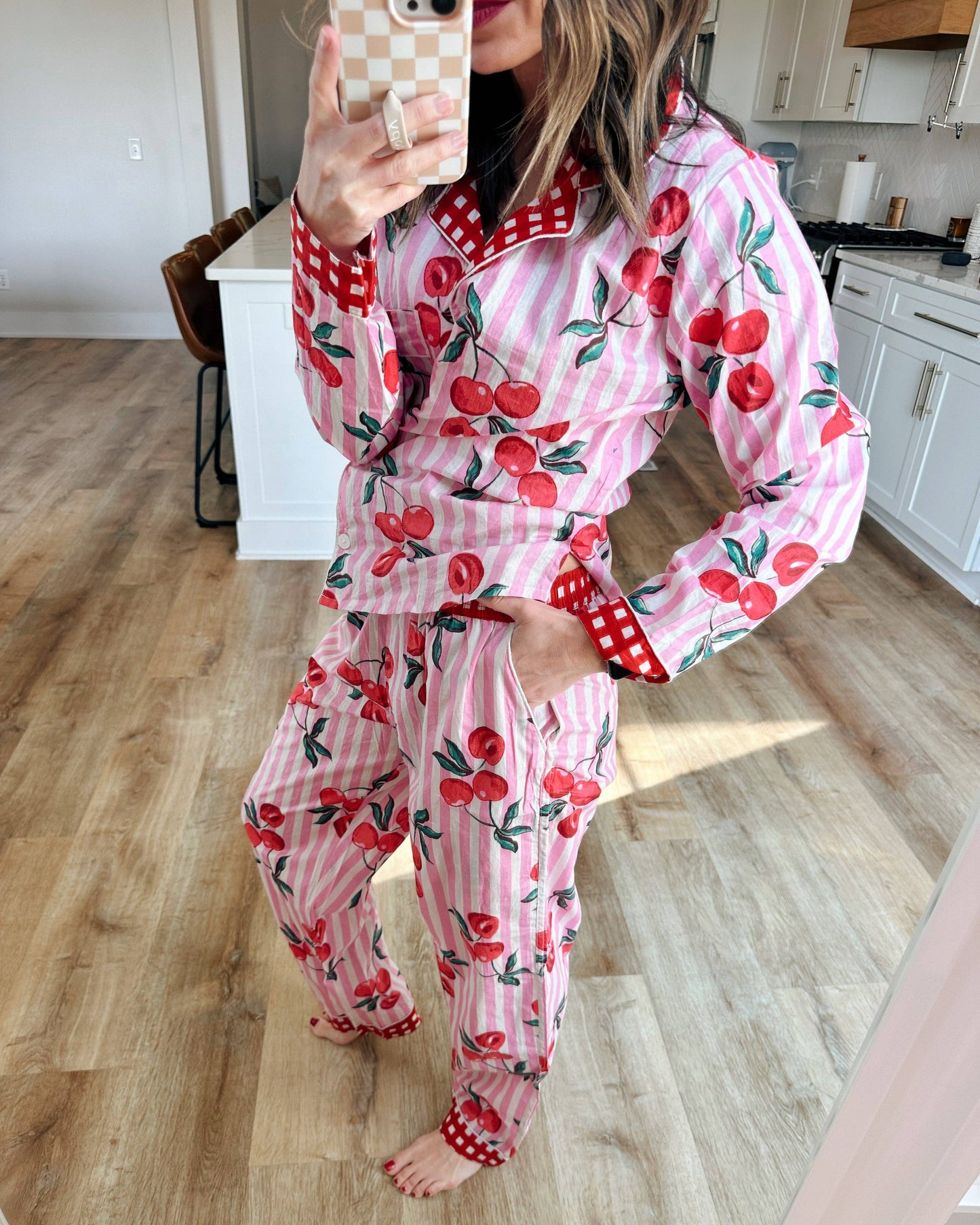 Women's Cotton Pajama Set - Pink Striped Cherry Print