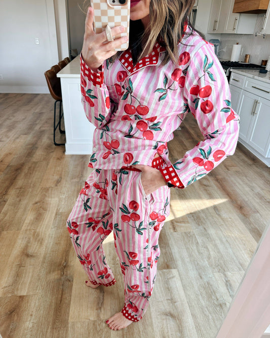 Women's Cotton Pajama Set - Pink Striped Cherry Print