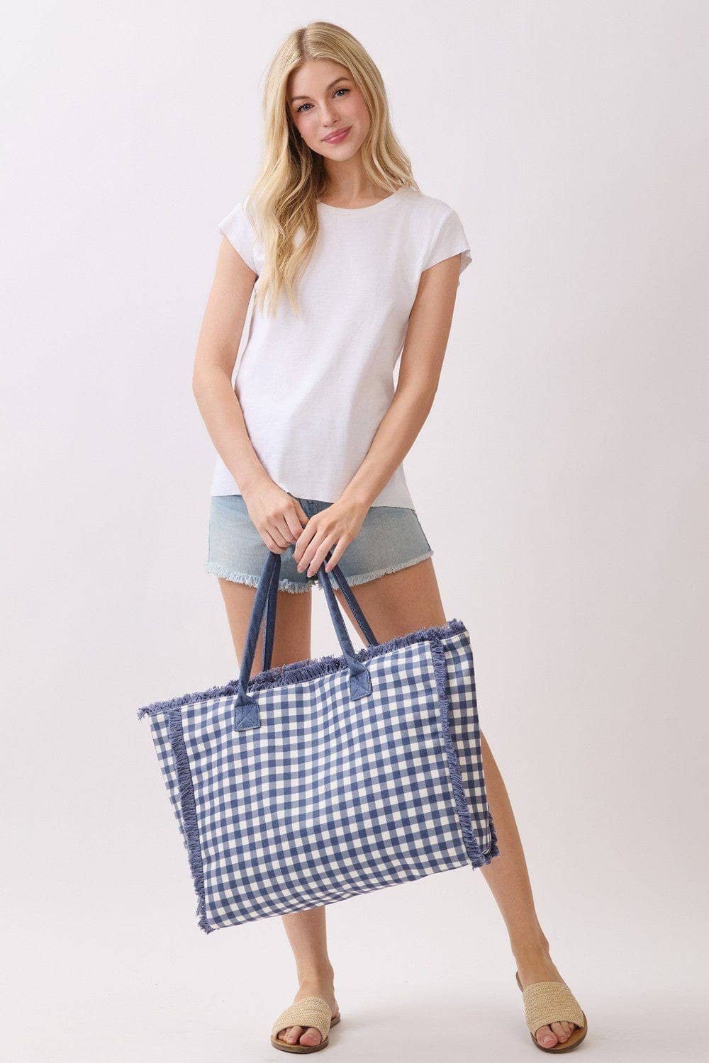 Navy Gingham Beach Tote Bag
