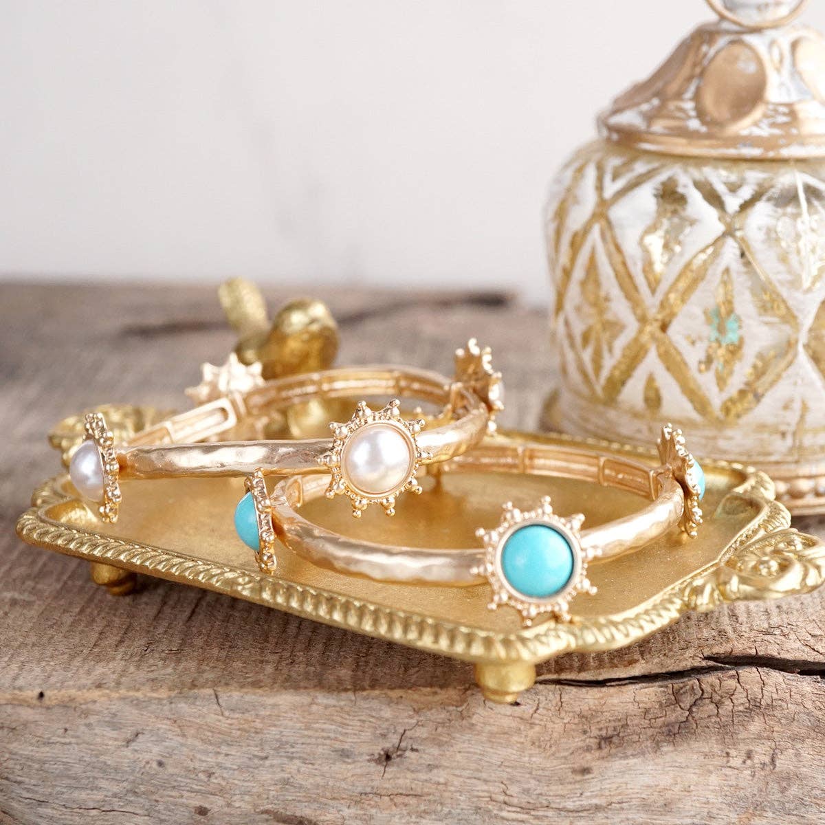 Suncrest Glow Hammered Charm Bangle- Turquoise & Pearl