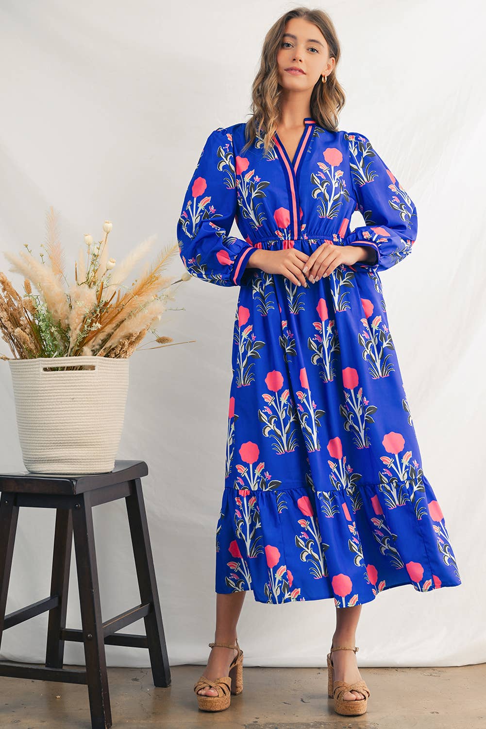 Vibrant Blue Floral Midi Dress