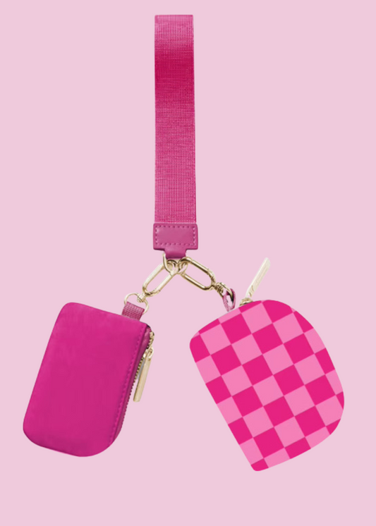 Double Pouch Wristlet- Pink Checkered