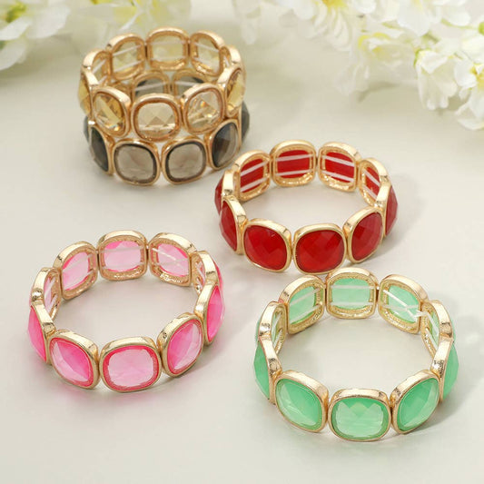 Round Square Glass Stone Frame Beaded Stretch Bracelet