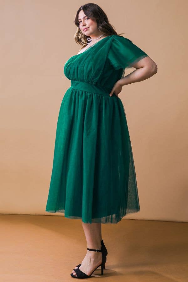 Curvy Emerald Dream One-Shoulder Tulle Dress