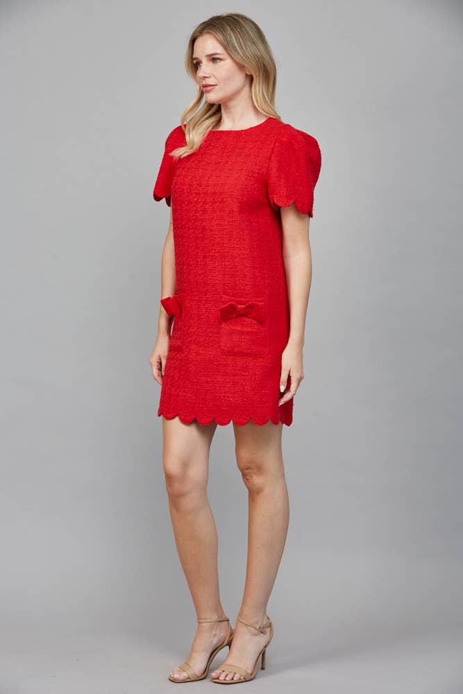 Scallop Red Bow Tweed Dress