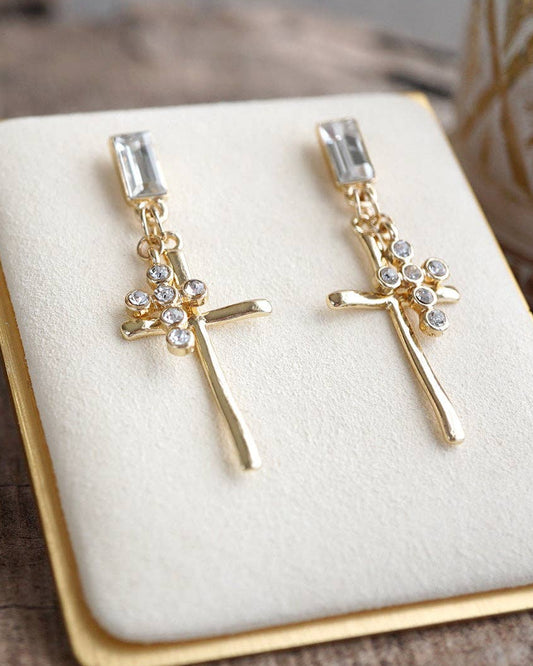 Sacred Spark Golden Cross Cluster Statement Earrings