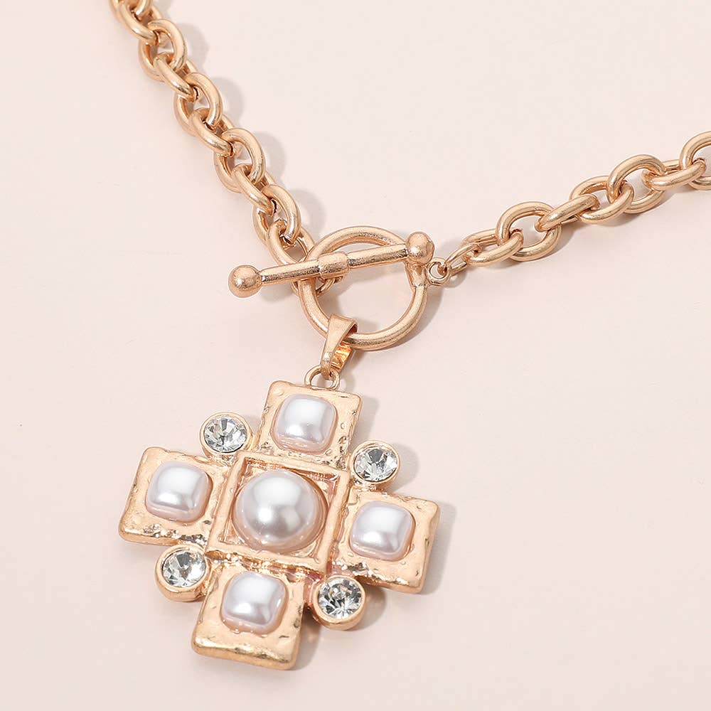 Pearl Cross Toggle Pendant Statement Necklace