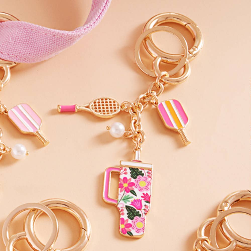 Enamel Pickleball Floral Tumbler Keychain Bag Charm