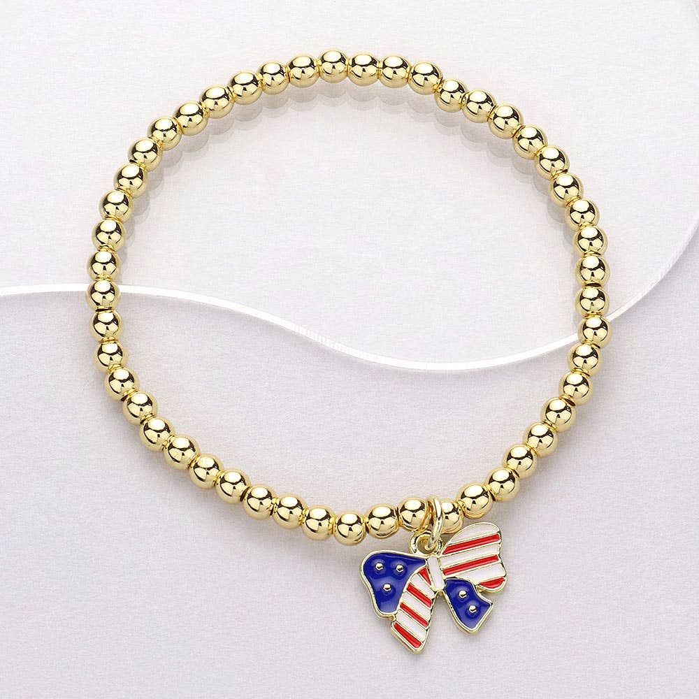 Stainless Steel USA Flag Bow Charm Bracelet
