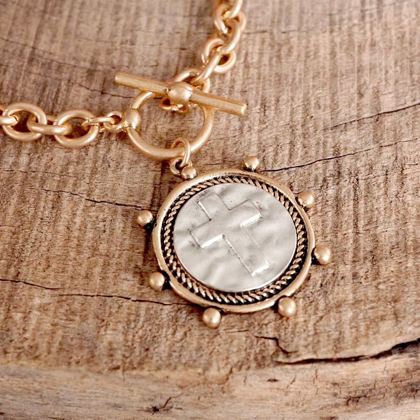 Cross Coin Chain Bracelet Toggle