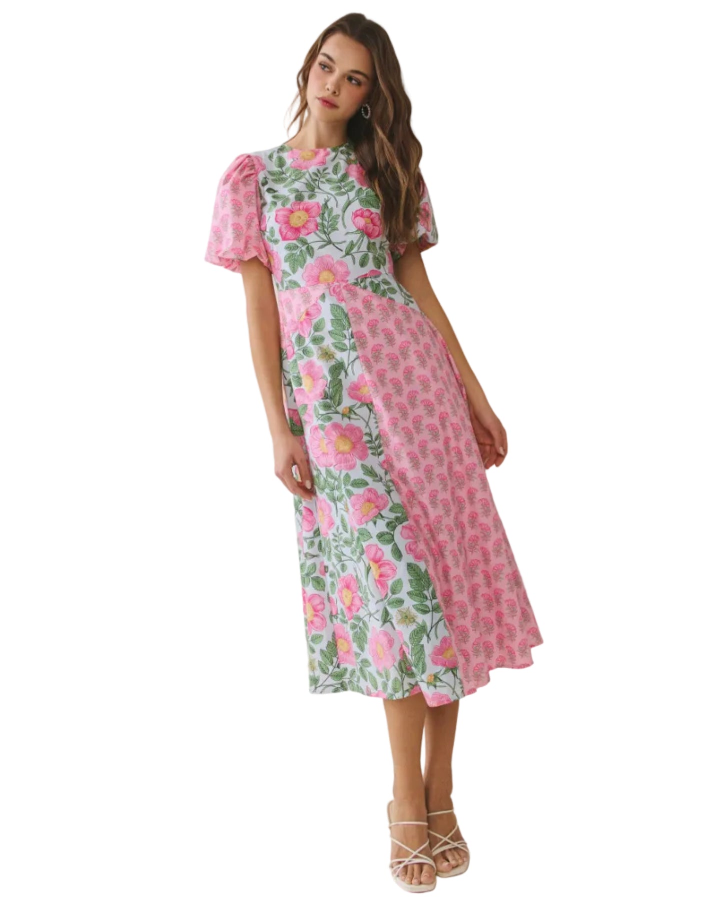 Bold Mixed Floral Pattern Design Midi Dress