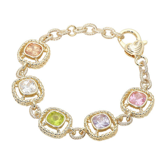 14K Gold Color Stone Cushion Link Bracelet