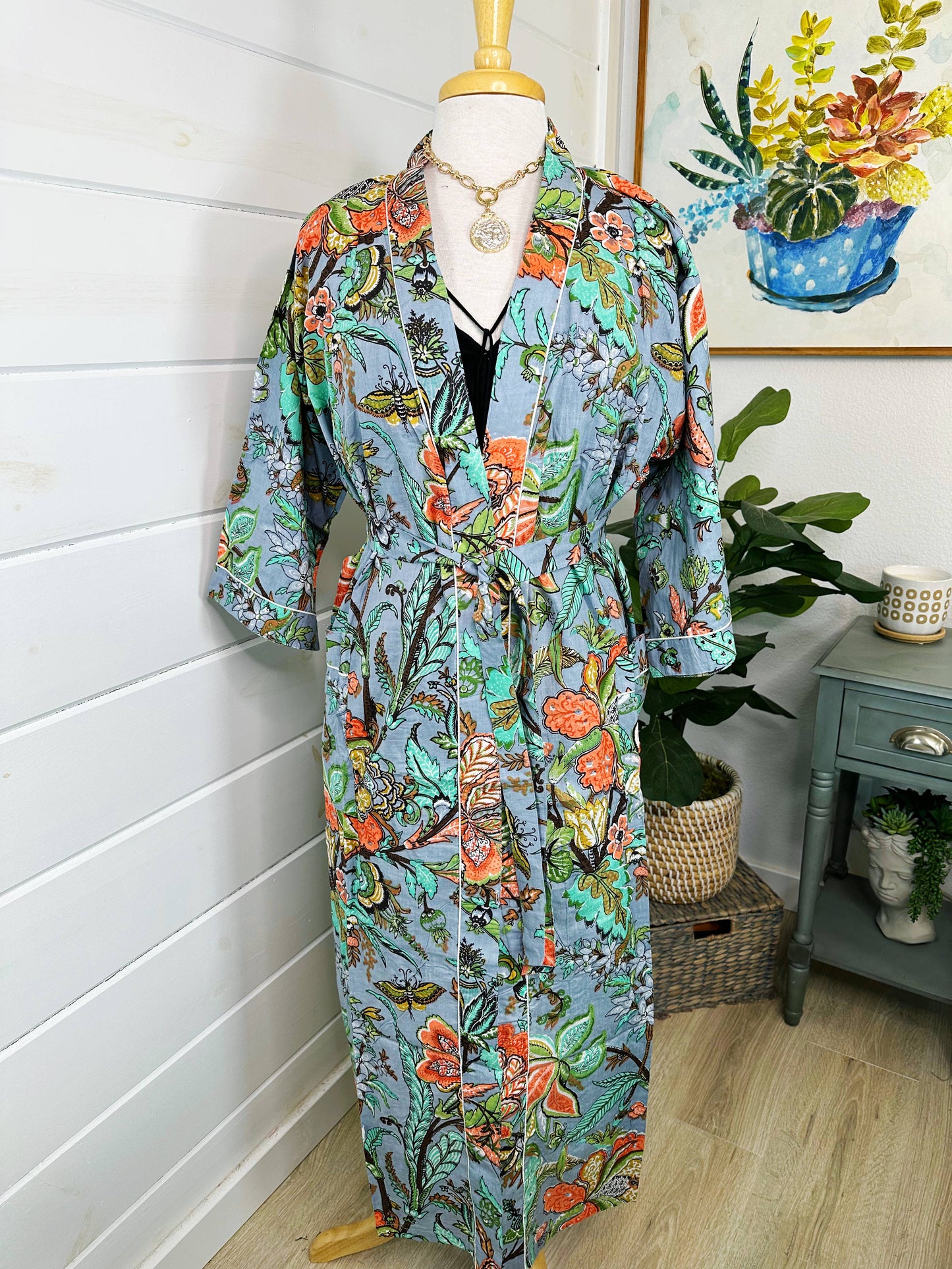 Gray Tropical Kimono Robe